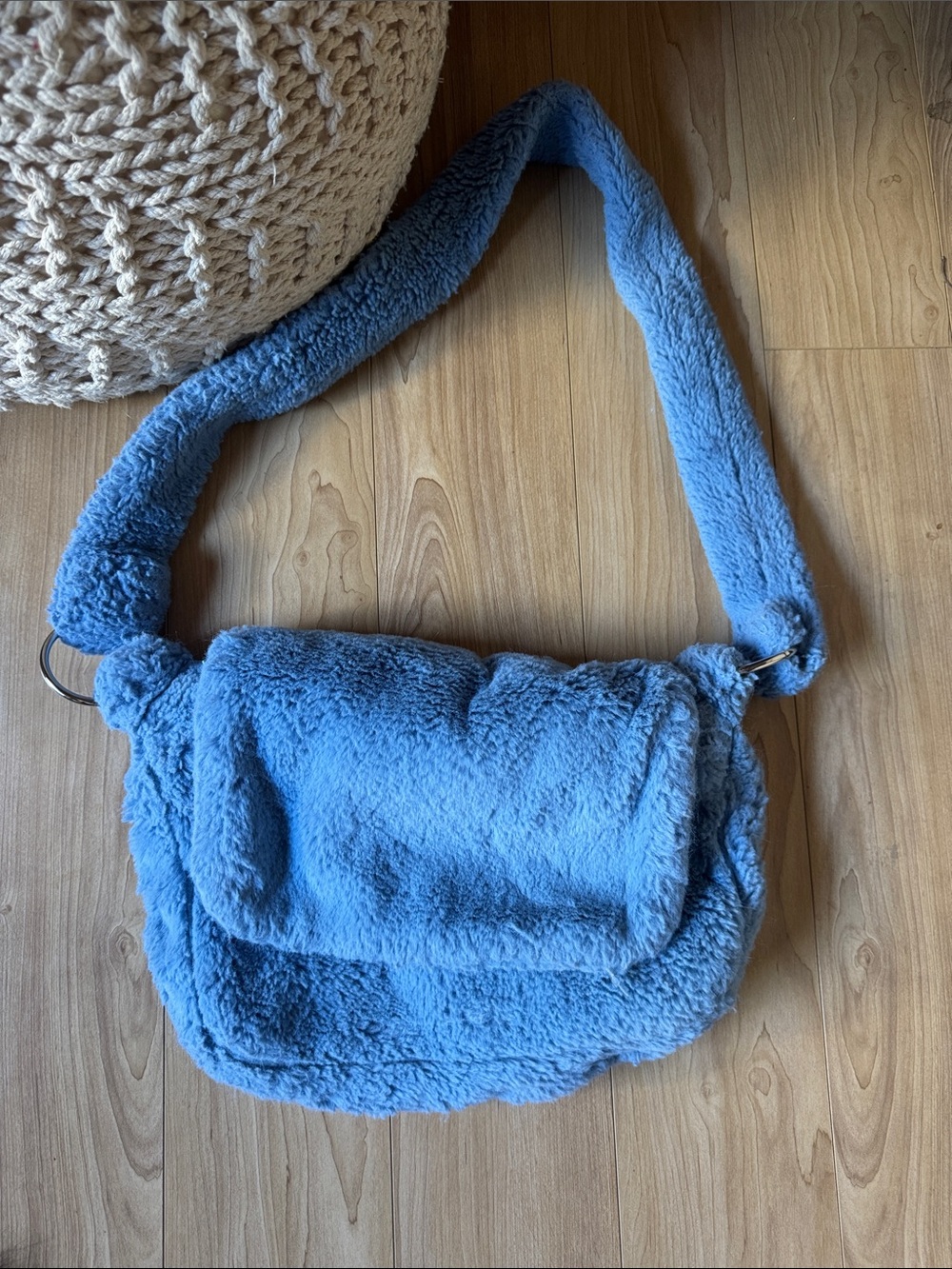 Plush Blue Faux Fur Crossbody Bag - Soft Shoulder Tote
